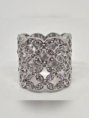 Silver-Tone CZ Floral Filigree Wide Band Ring. Size 6
